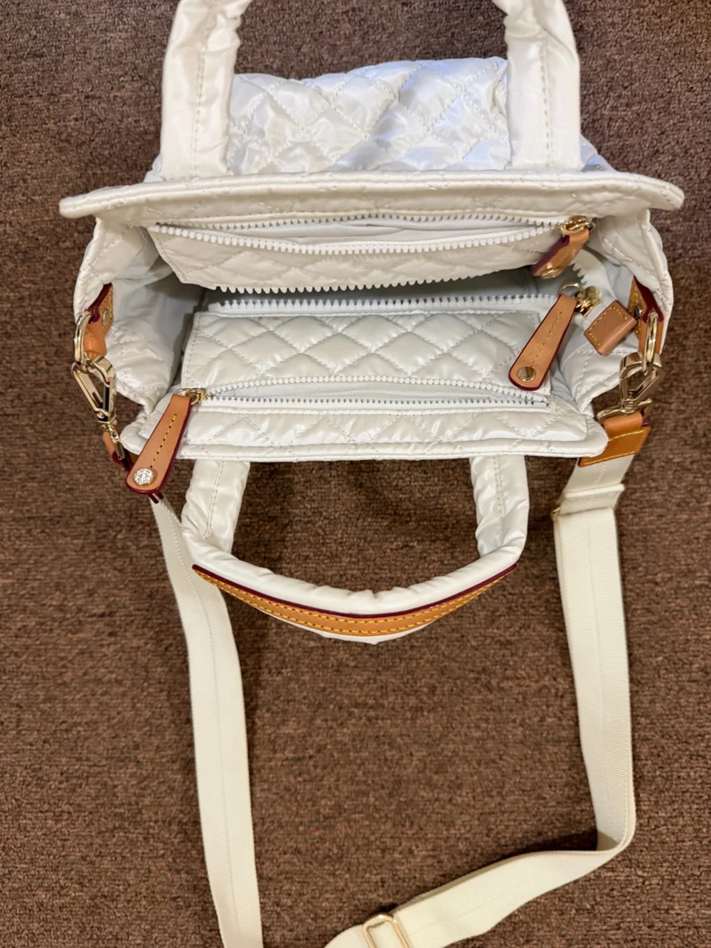 MZ Wallace White Pearl Quilted Nylon Satchel Crossbody Bag Leather Trim